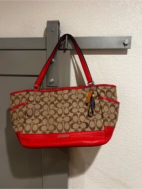 Coach Signature Canvas Shoulder Bag with Red Trim